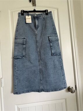 Light Blue Denim Cargo Maxi Skirt